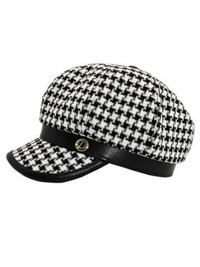 Black and White Houndstooth Baker Boy Hat Cap with Faux Leather Brim